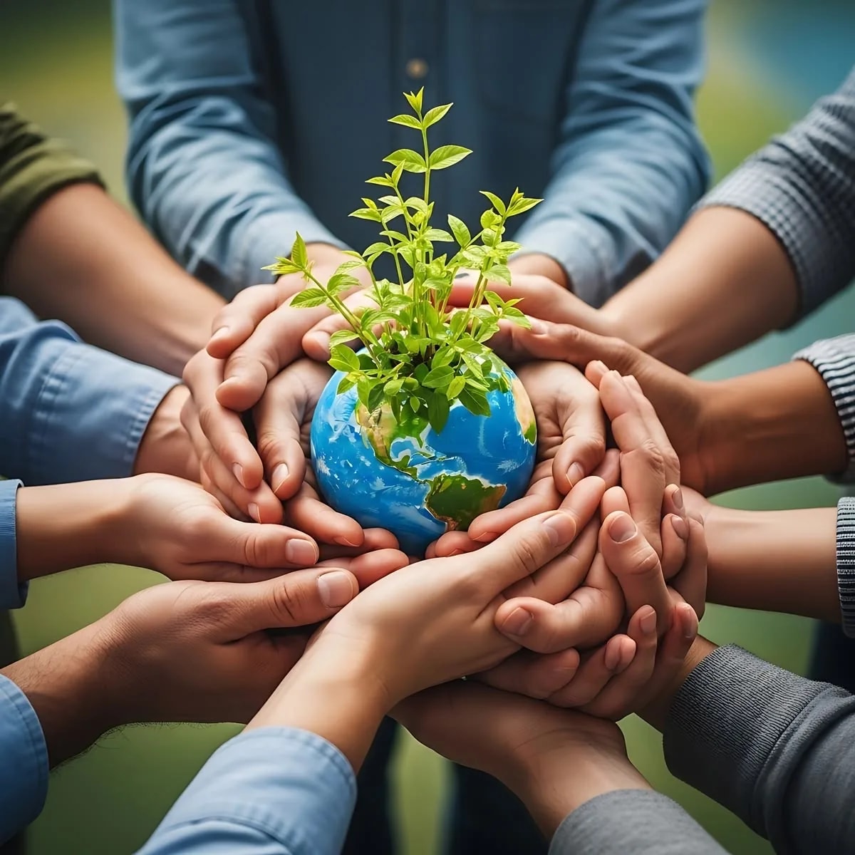 Many hands together holding a small globe with a growing plant